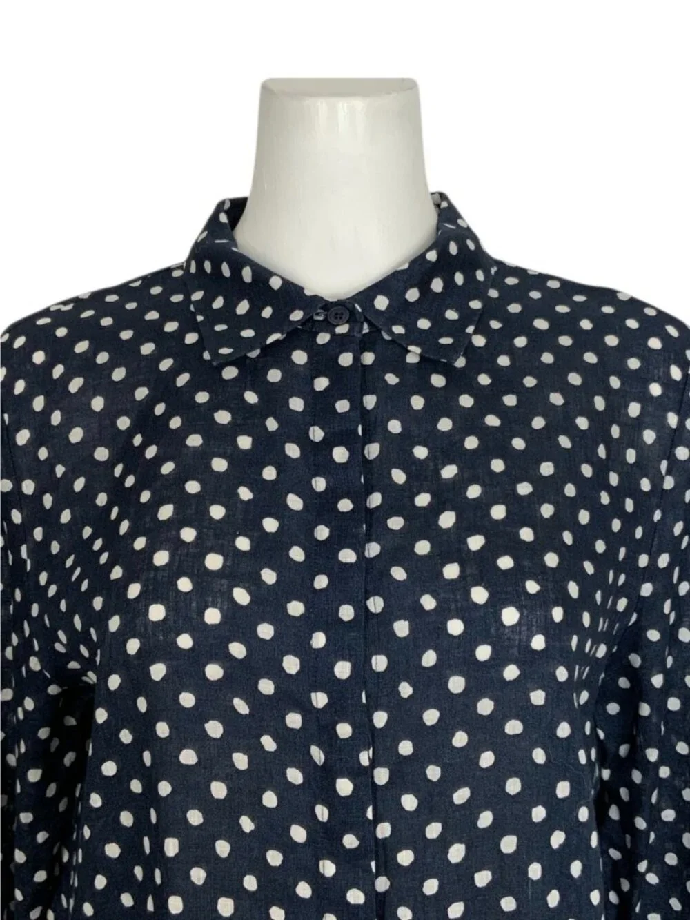 Lafayette 148 Linen Button Front Shirt L Blue Polka Dot - Picture 10 of 15